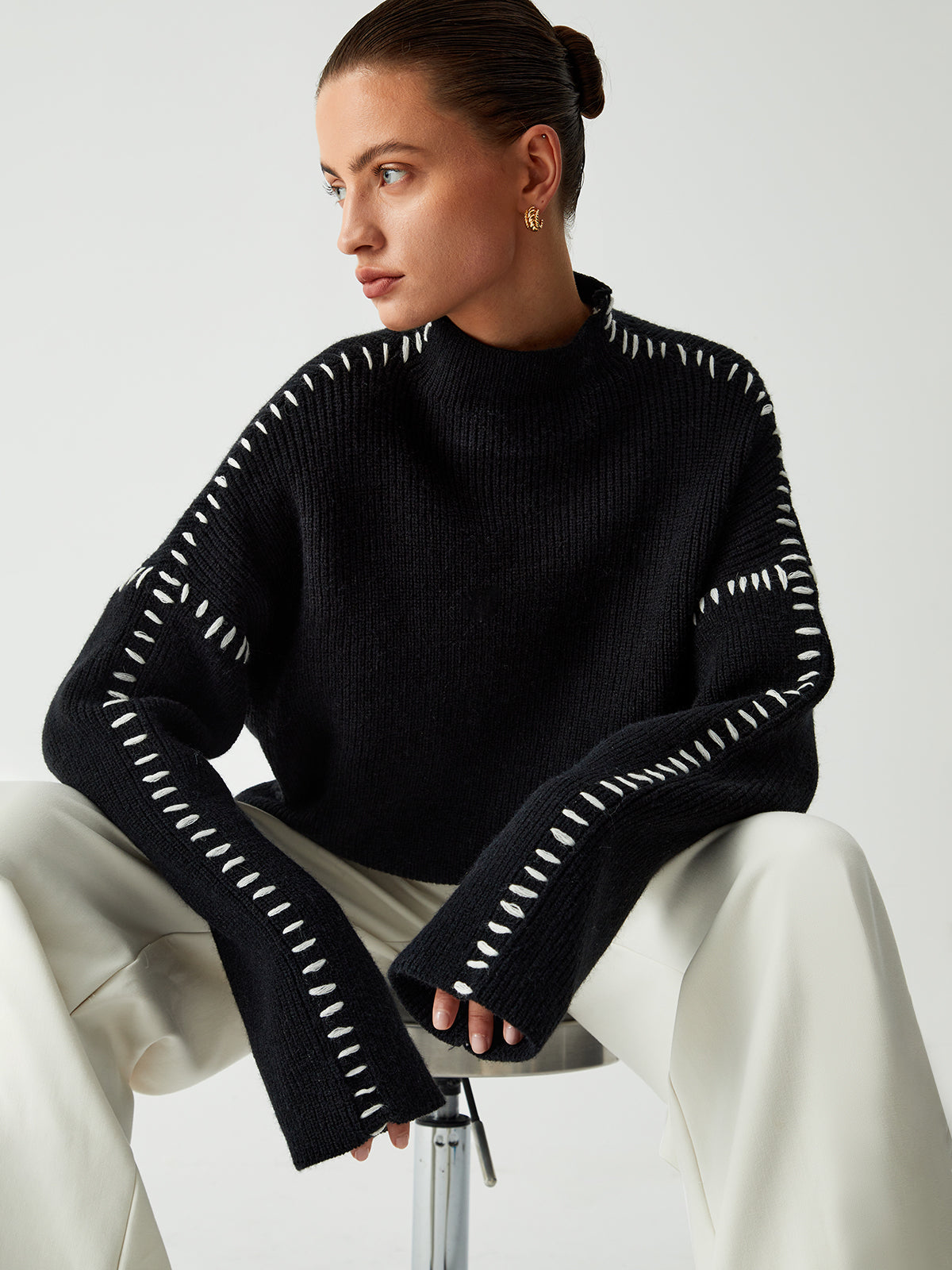 Sara - Oversized Coltrui Sweater Met Stiksels Voor Dames