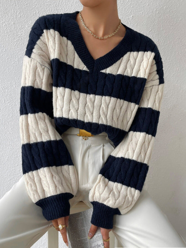 Gestreifter Pullover mit V-Ausschnitt Herbst/Winter